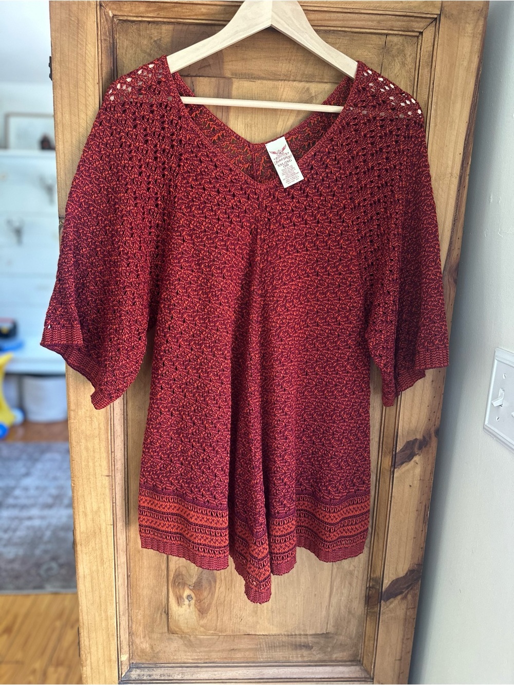 Red Boho Crochet Knit Women's Top 2X